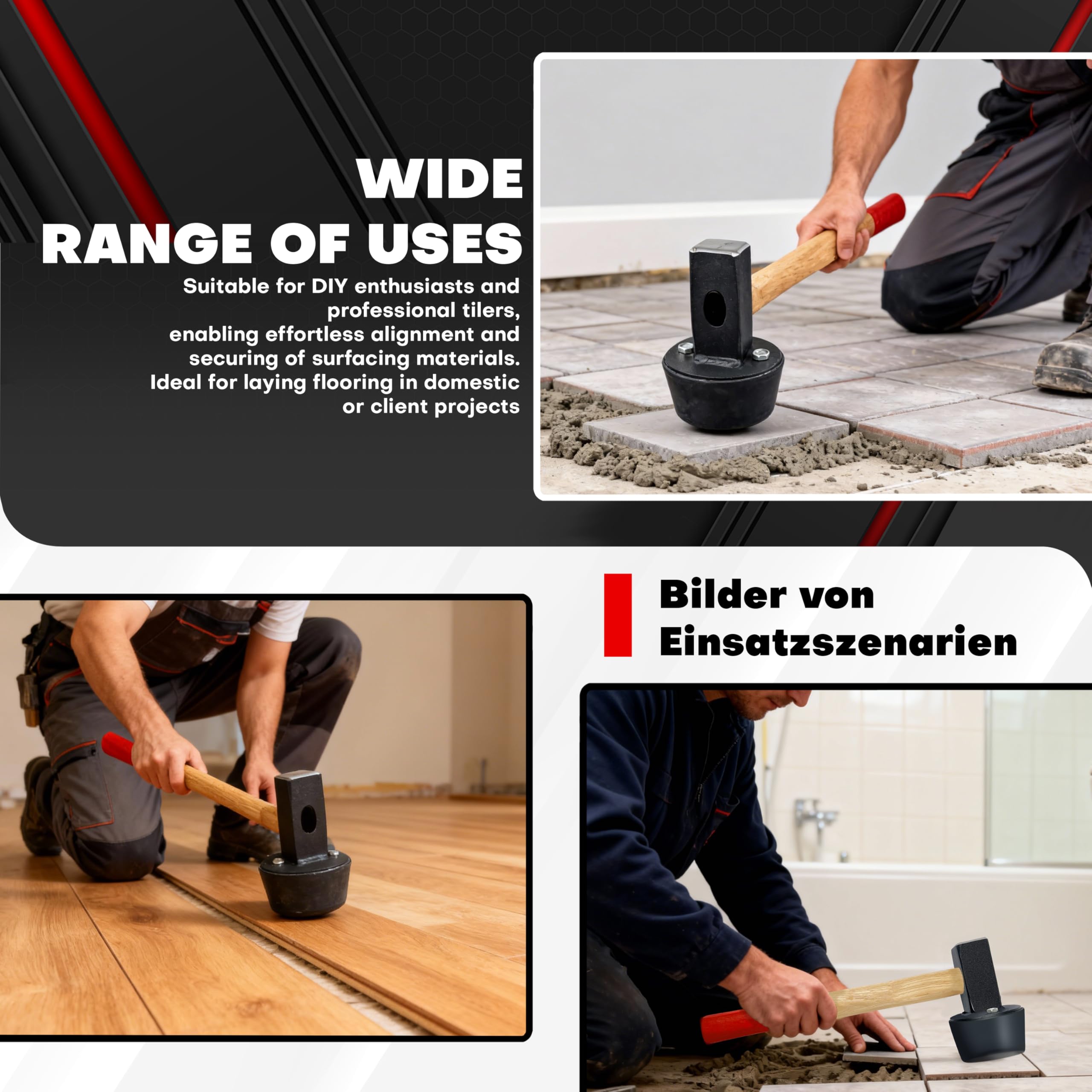 C&T Plattenverlegehammer 2400g - 110mm Ø austauschbarer Gummikopf, Pekannuss-Holzhandgriff, Rot-Schwarz Design, Hammer/Schonhammer/Pflasterhammer/Plattenhammer für Fliesen & Bodenbeläge