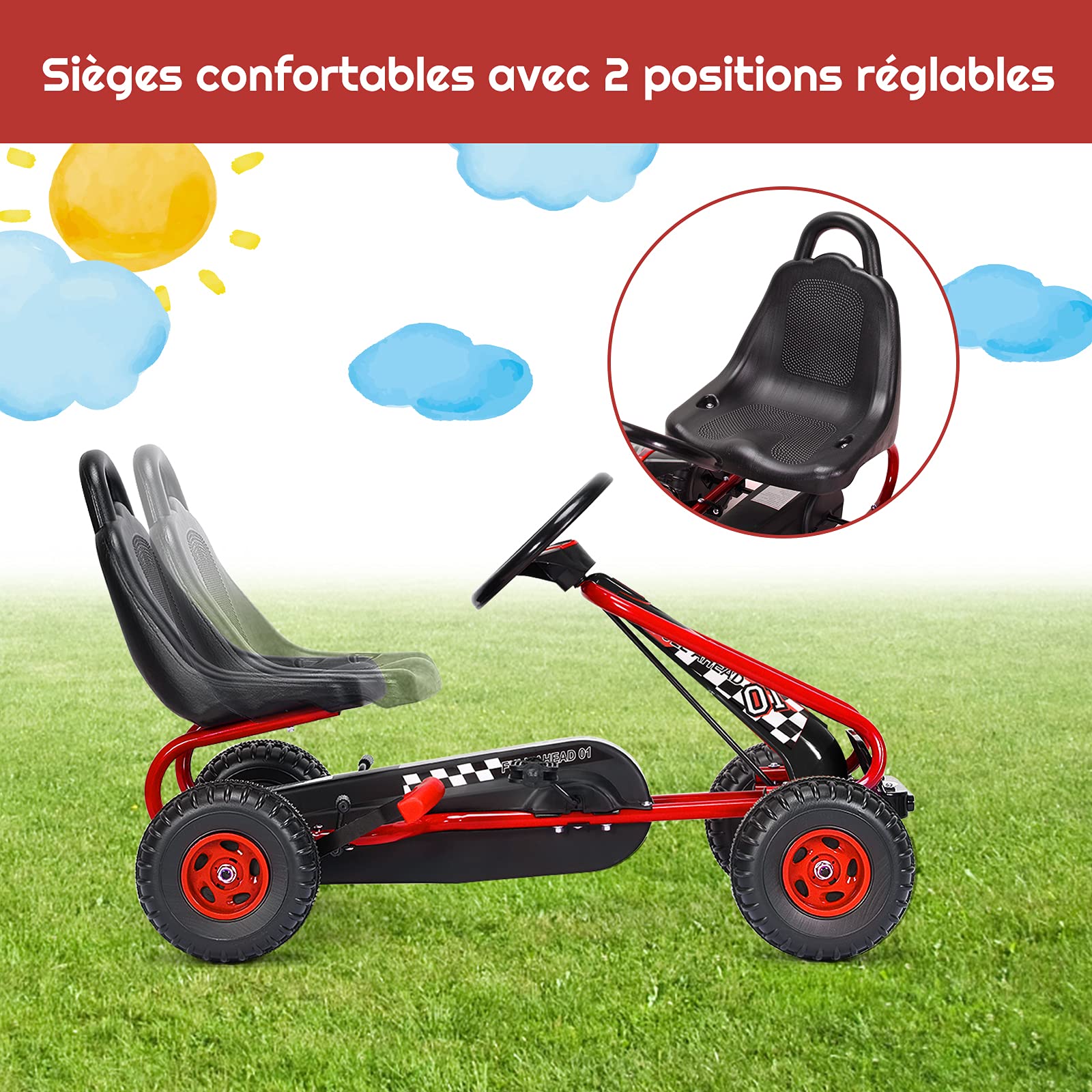 Kart à pédales pour enfants avec siège ajustable 4 positions et roues en EVA 100 x 58 x 58,5 cm Kart à pédales pour enfants avec siège ajustable 4 positions et roues en EVA 100 x 58 x 58,5 cm