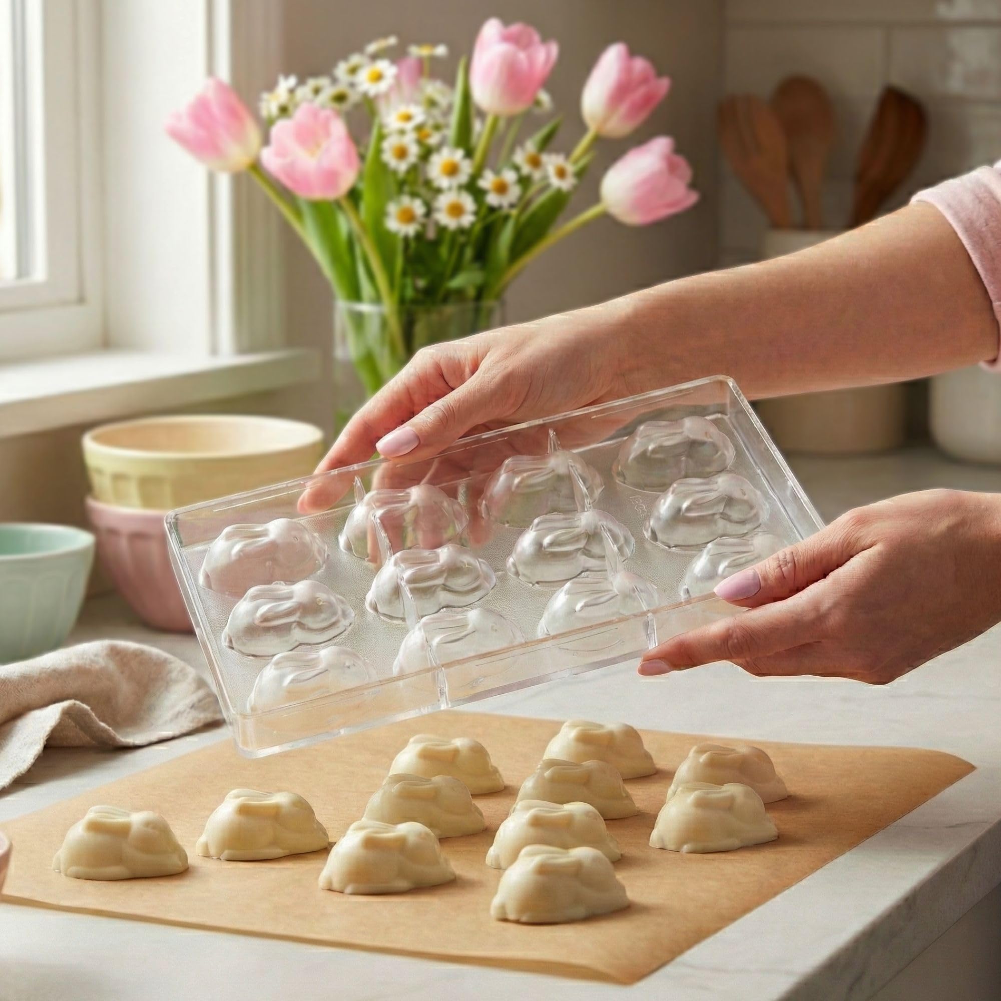 Restaurantware Pastry Tek Schokoladenformen, 27,7 x 13,5 cm, 10 gefrierbare Hasenförmige Süßigkeitenformen, 12 Mulden, spülmaschinenfest, transparent, Polycarbonat, Schokoladenformen, leicht zu lösen