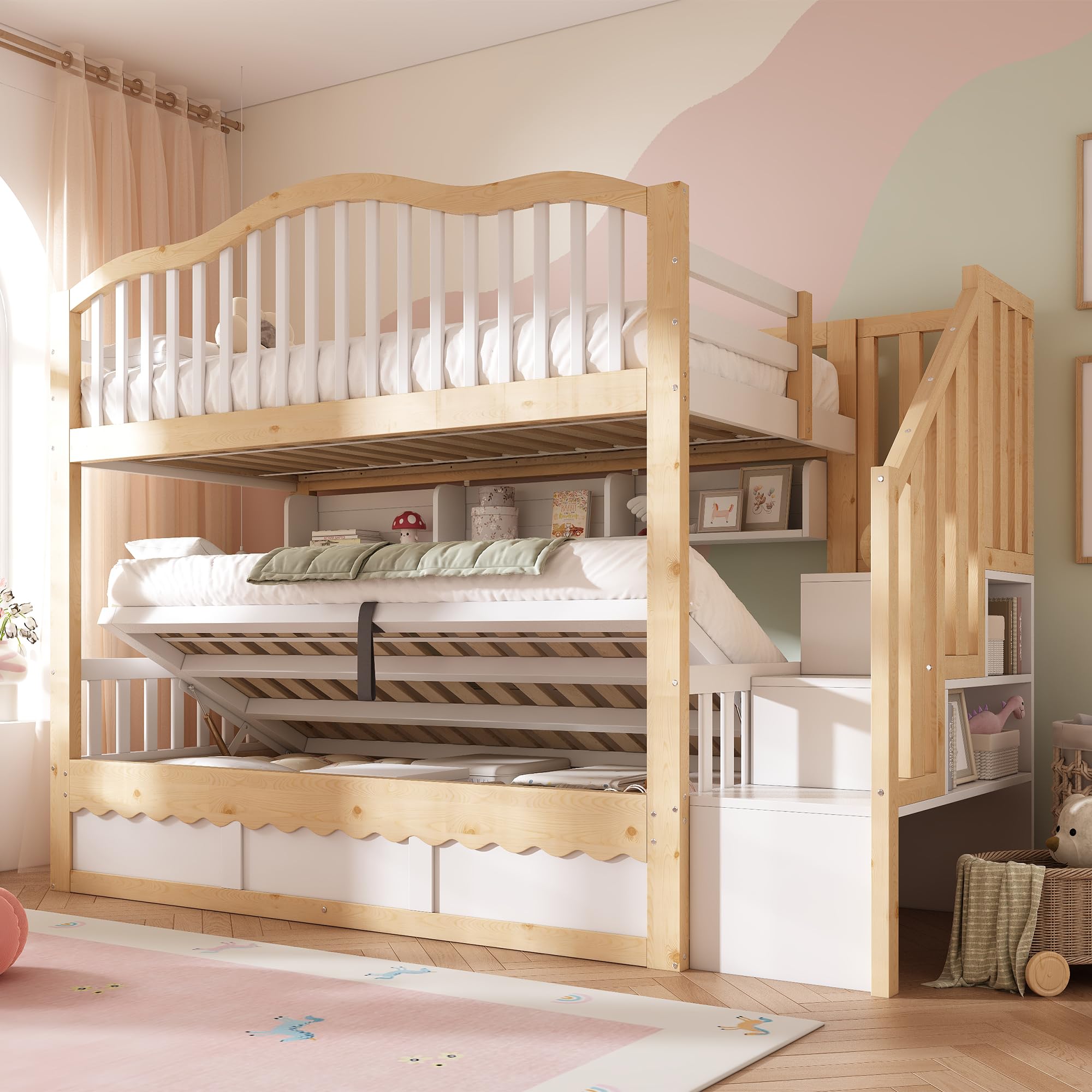 90 x 200 cm Litera para niños con espacio de almacenamiento hidráulico – Cama alta de madera con escalera de seguridad y estante, protección anticaídas, certificado EN 747-1:2024, blanco y roble
