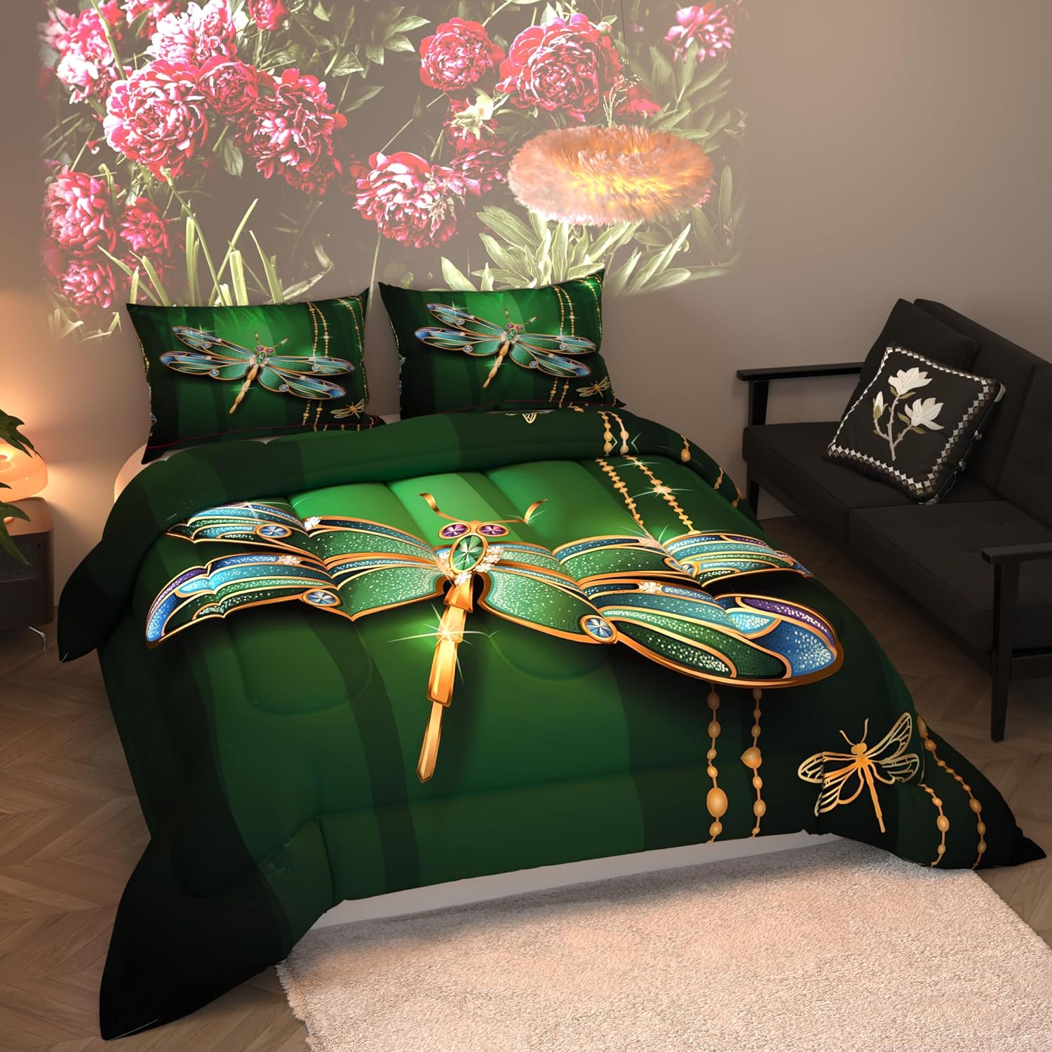 Dragonfly Comforter Sets for Kids Adults,3D Pattern with Bright Dark Green Colors,Decorative Bedding Comforter Sets with 2 Pillow Shams, Queen Size