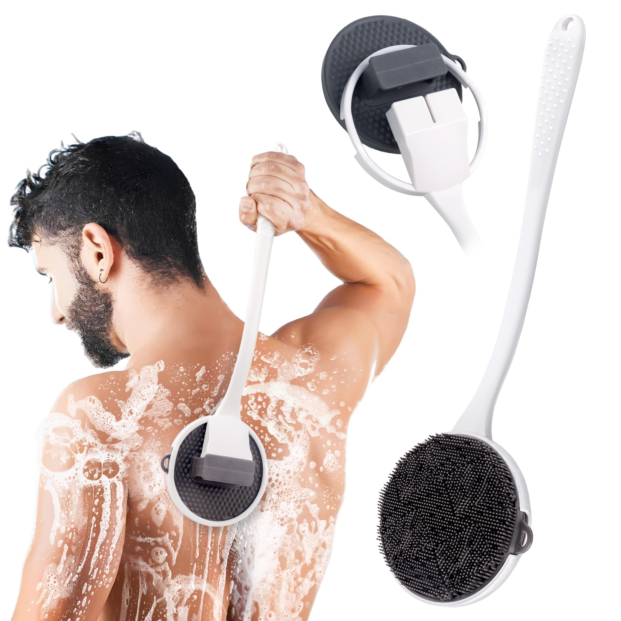 NURENDER Silicone Back Scrubber for Shower, 15.68'' Detachable Long Handle Bath Brush with Soft Loop Bristles for Deep Cleansing & Gentle Exfoliation,