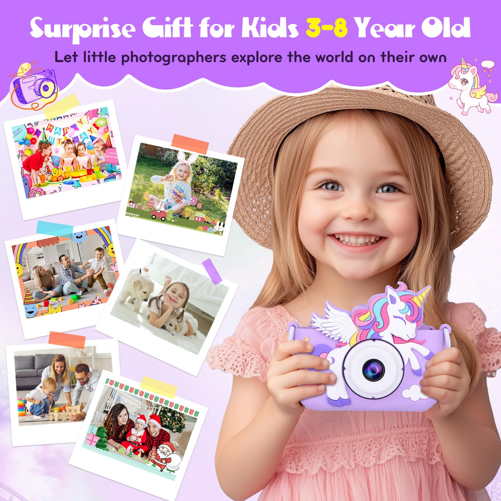 Cámara infantil de unicornio para niñas, cámara digital para niños de 3 a 8 años, juguetes de viaje para niños, regalo de cumpleaños para niñas de 3, 4, 5, 6, 7, 8 años, cámara de video HD 1080P, 4