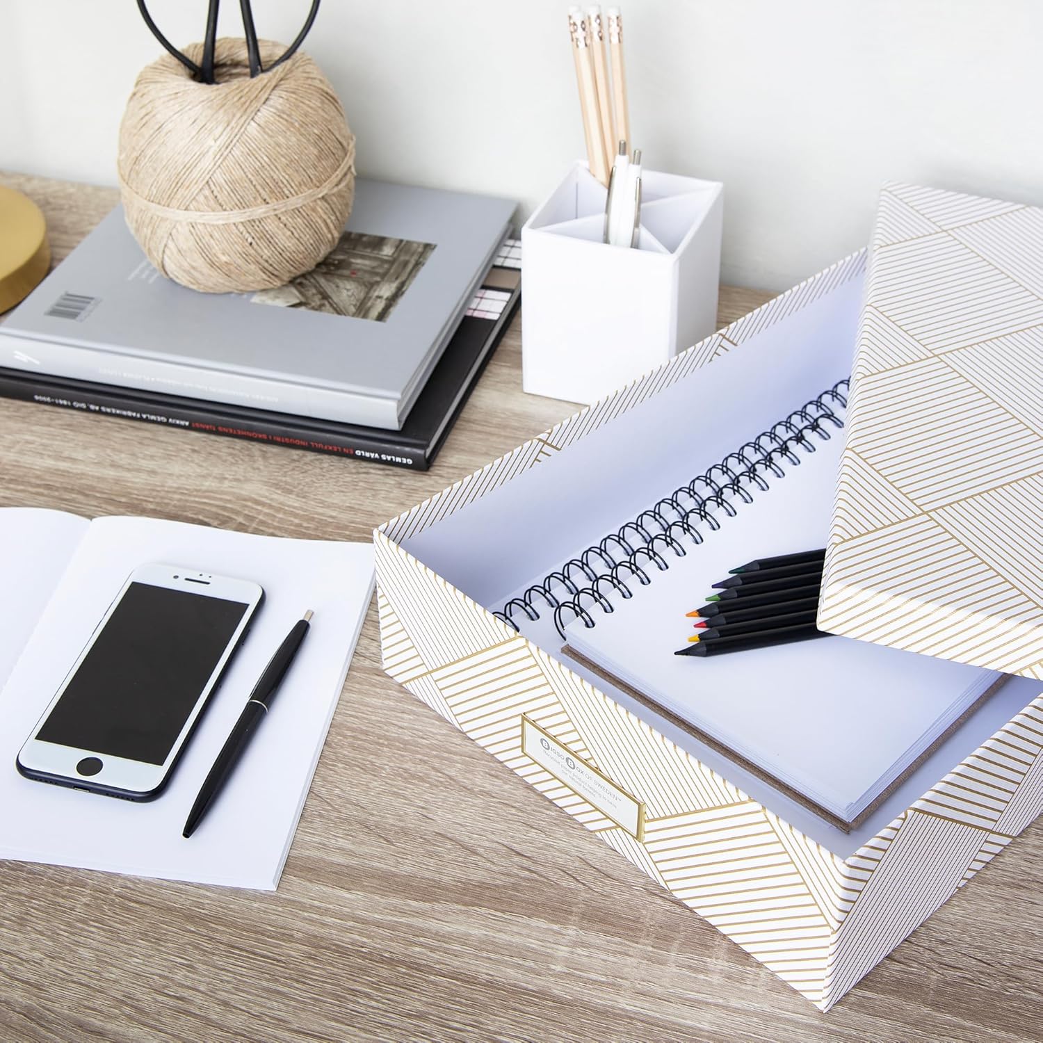 Bigso Oskar Fiberboard Label Frame Document Letter Box for Important Paperwork A4 or Letter Size - Durable Keepsake Box with Lid and Metal Label Holder - 3.3in x 10.2in x 13.8in - Golden Square