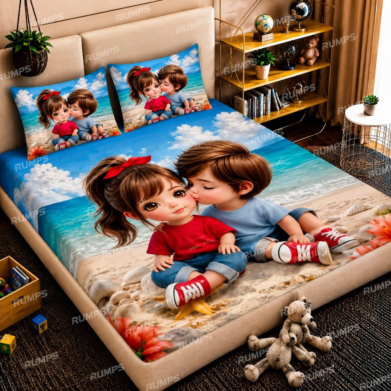RUMPS 7D Cute Cartoon Couple Printed Flat Bedsheet King Size 90x100 Inch with 2 Pillow Covers 16x26 Inch | Kids Love Theme Microfiber Double Bedsheet
