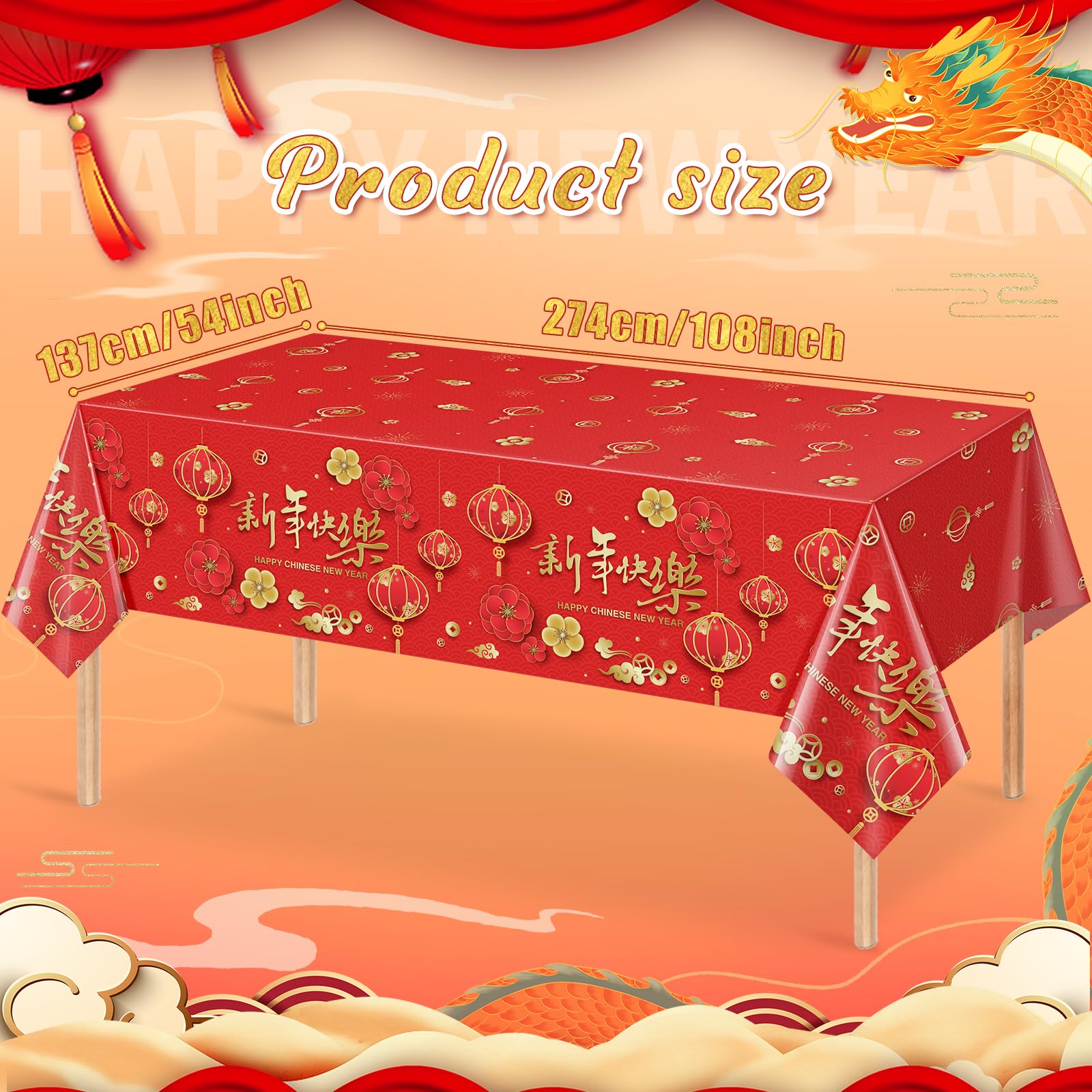 YIDAKO 3Pack Chinese New Year Plastic Tablecloth Disposable 2025 Happy New Year Party Table Cloth Rectangle Table Covers for Lunar Chinese Spring Festival Party Decorations and Supplies,54x108inch