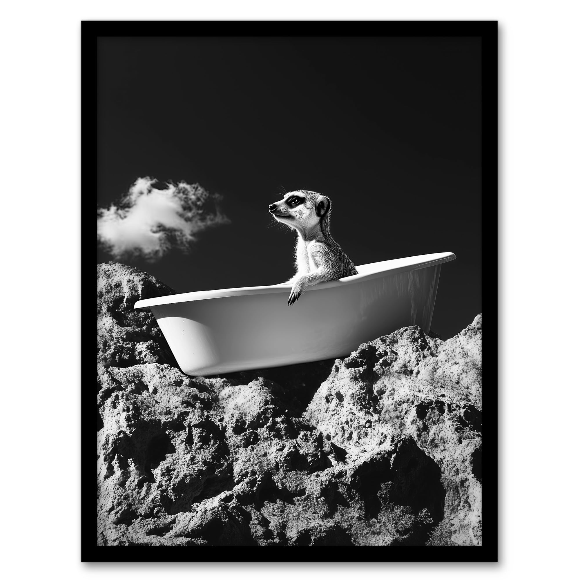 Artery8 Meerkat in Bathtub on a Rock Black White Surreal Living Room Artwork Framed Wall Art Print A4