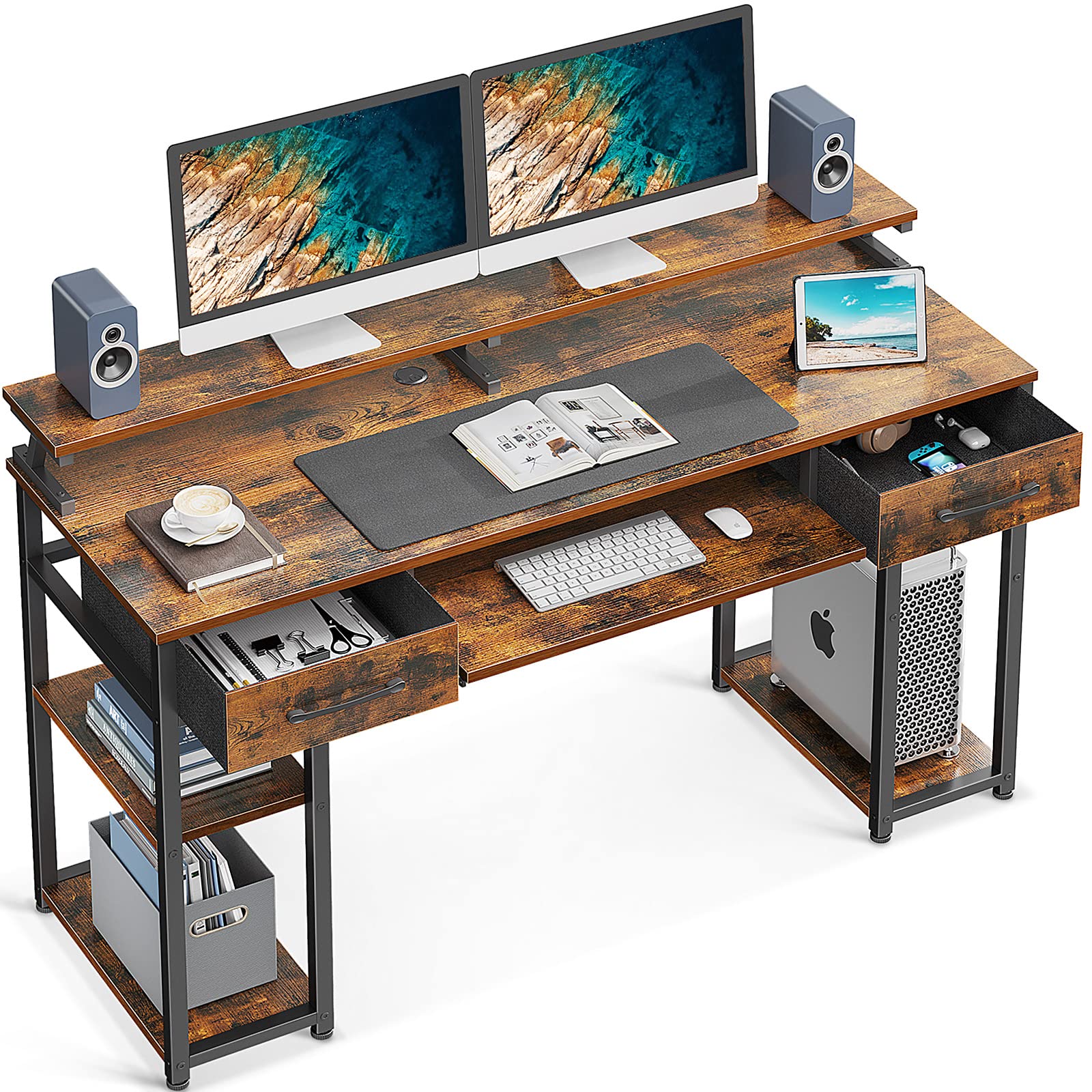 ODK Computer Desk, 55'' Office Desk with Keyboard Tray, Writting Desk with Drawers and Monitor Stand, Study Table with CPU Stand and Removable Shelf for Storage, Rustic Brown(Vintage),SIMILAR TO LOT PHOTO
