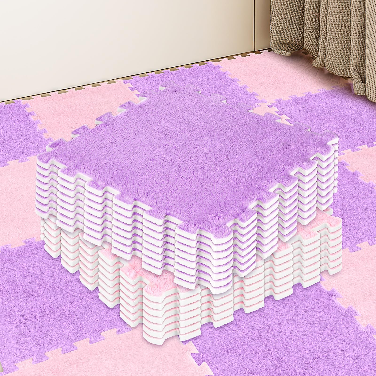 15 Pack Plush Foam Floor Tiles 30 x 30 x 1cm Interlocking Play Mat Squares with Border Soft Climbing Mats for Playroom and Nursery (Pink, Purple)
