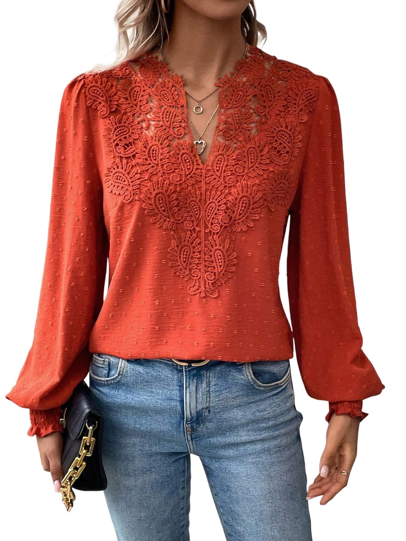 Camicetta da Donna in Pizzo, Elegante, Scollo a V, Volant, Maniche Lunghe, alla Moda, Stile Casual, Stile Bohémien