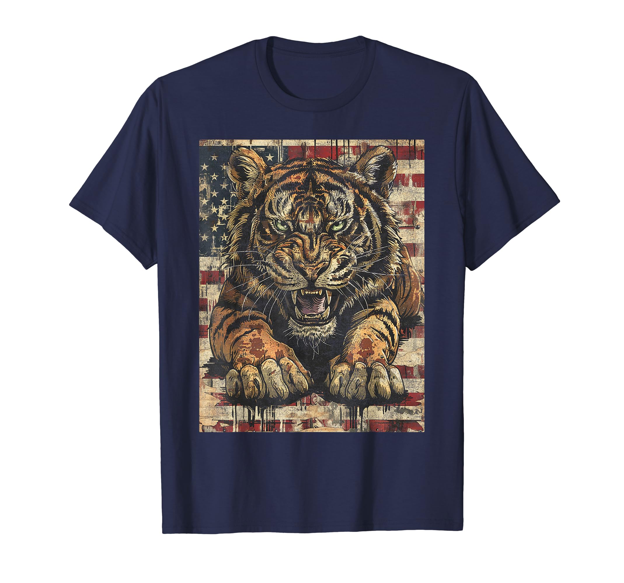 Liberty's Guardian Tiger And USA American Flag Design T-Shirt