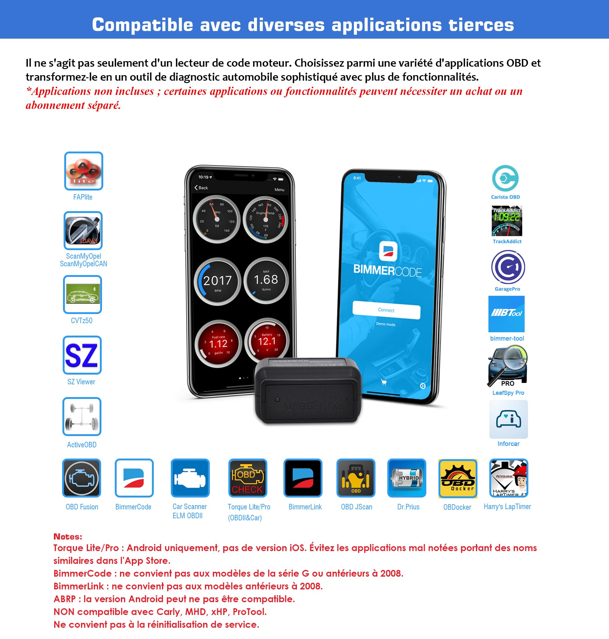 Veepeak OBDCheck BLE Scanner OBD-II Bluetooth – Lecteur de Codes Moteur & Outil de Diagnostic pour iOS et Android