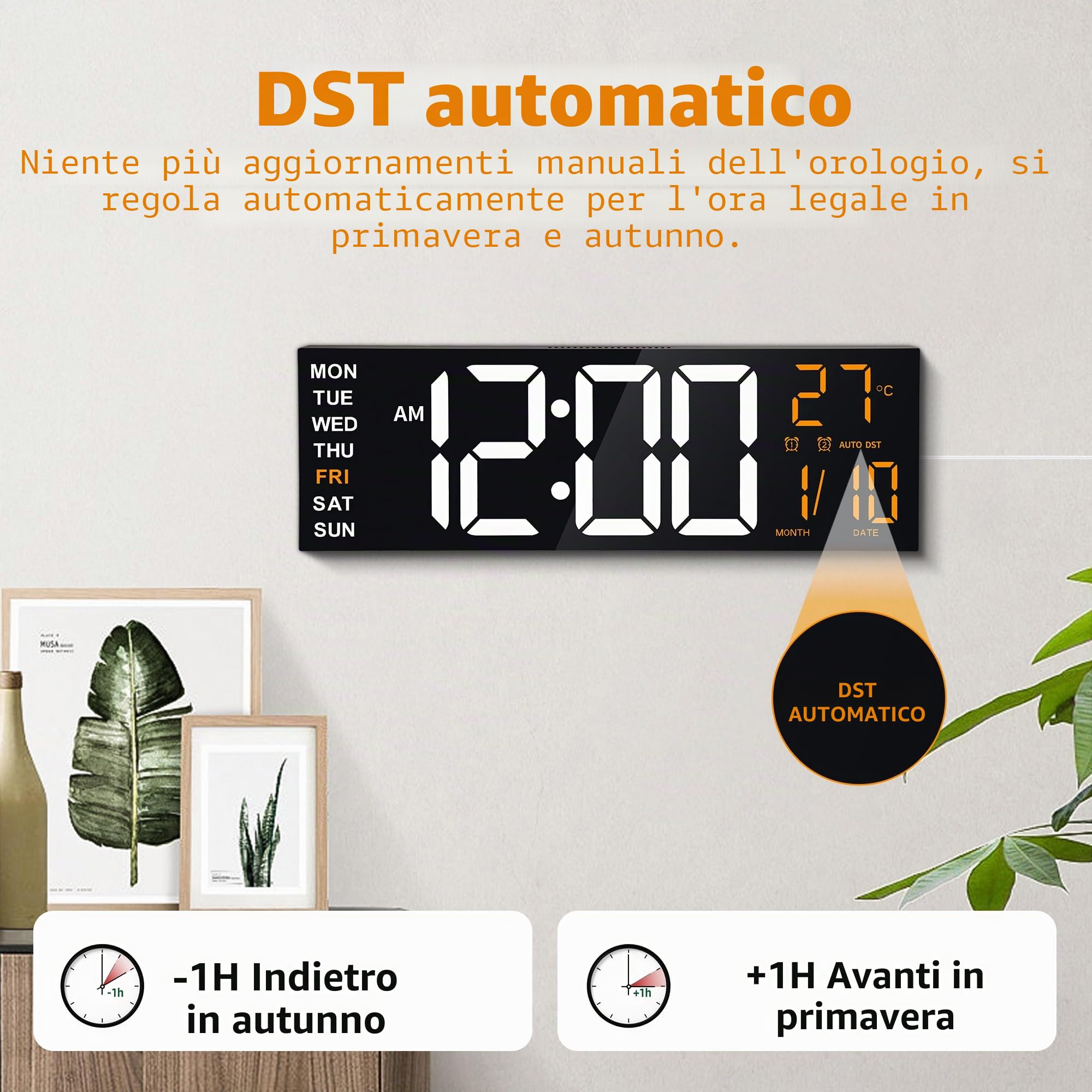 Maxstar 16 "Orologio da parete digitale grande con display LED e telecomando a 8 RGB,rumori allarmi doppi,DST,temperatura,data,luce notturna per camera da letto/ufficio/soggiorno/palestra/sala giochi