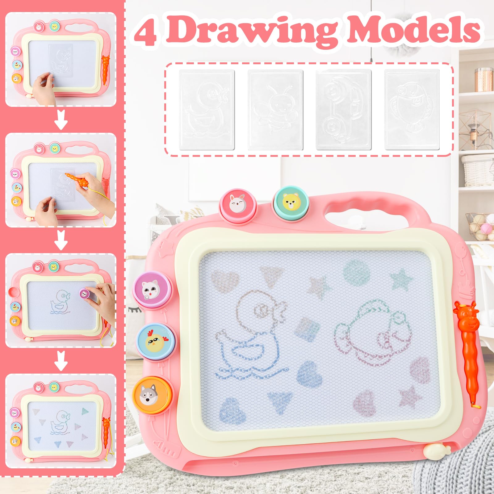 RUNEAY Magnetic Drawing Board - 35x28cm, Travel Writing Tablet for Kids Age 2-8, Autism Toys, Gift for Girls (Pink) - Image 3