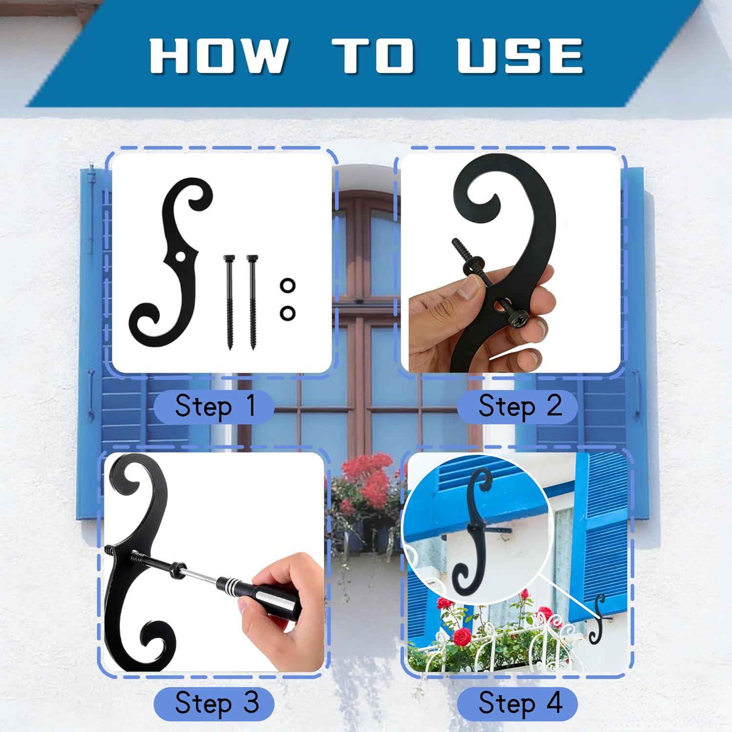 S Style Shutter Dogs Hardware, 6.3" Metal Shutter Fasteners with Set Screwsl, Decorative Window Tieback for Exterior Shutters, Home Decoration (6)