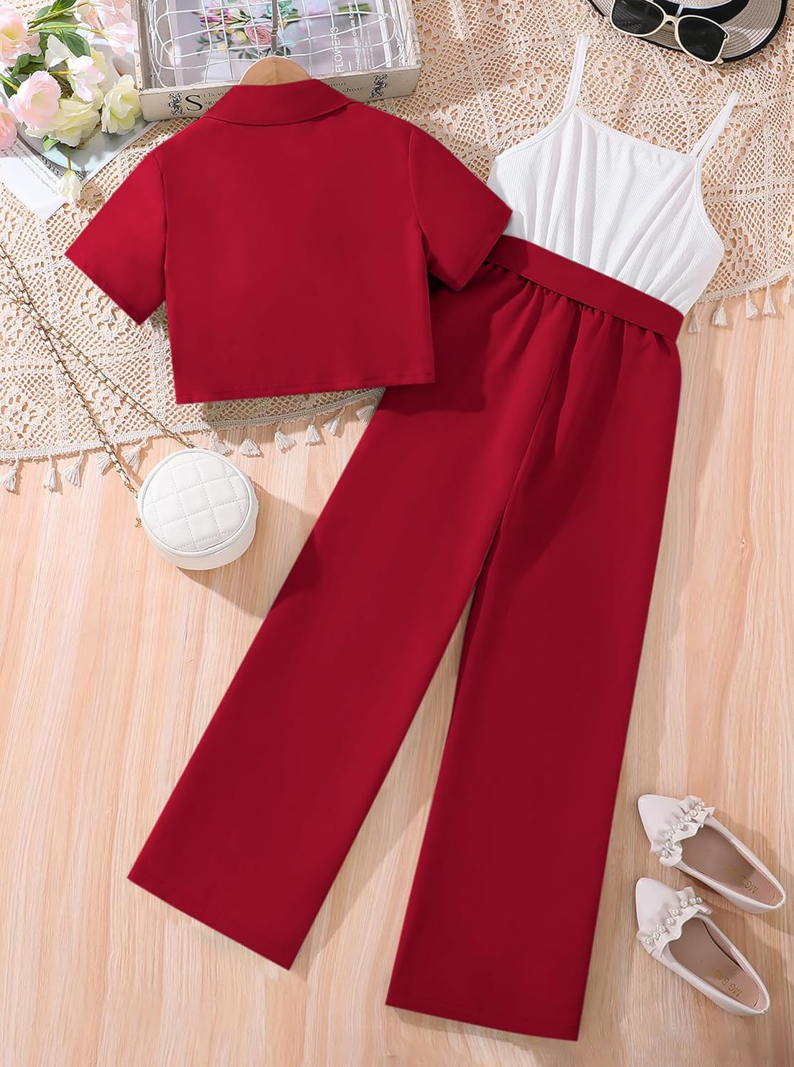 Hilinker Girl's 2 Piece Outfits Short Sleeve Blazer and Belted Sleeveless Jumpsuit Sets - Image 2