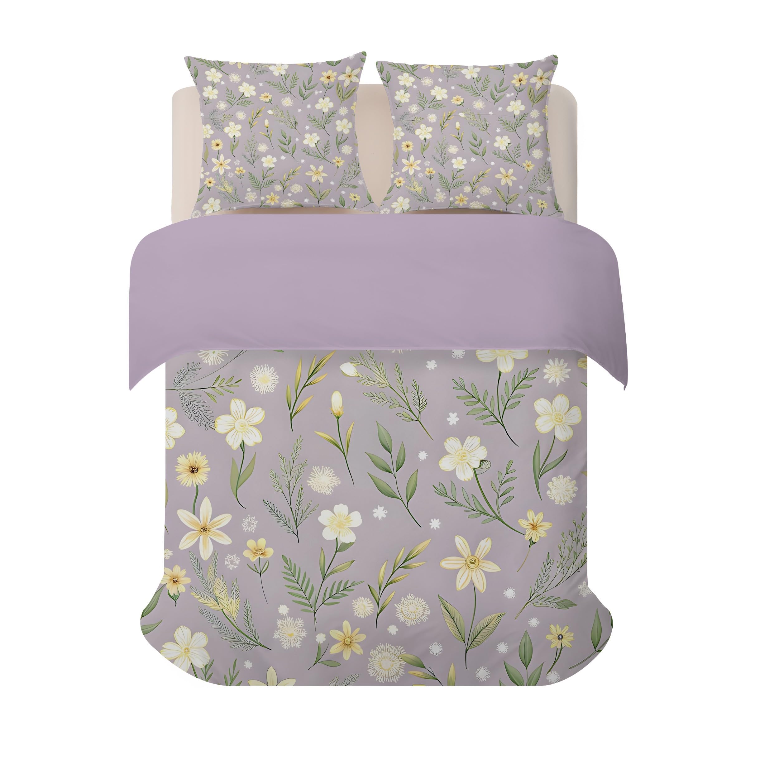 Kinderbettwäsche 100x135 Kinder Helllila Wildblumen Kleinkind Bettwäsche-Set - Grünblättrige PflanzenBettbezug 100x 135 cm & 40 x 60 cm Kopfkissenbezug, Wendemotiv für Jungen & Mädchen H-29