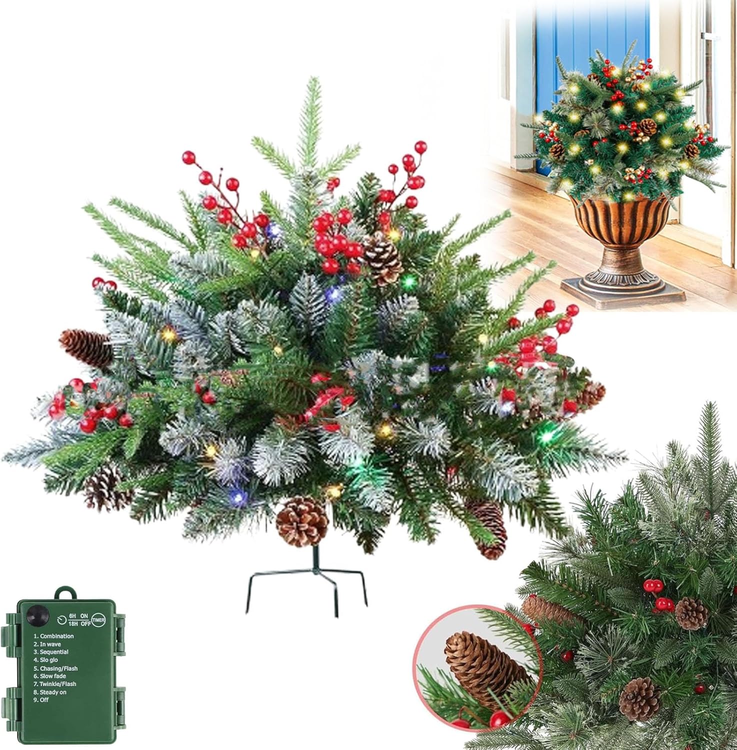 Holiday Planters, Holiday Planter Filler, Prelit Holiday Planter,Christmas Holiday Planter Filler Outdoor Decorations, Lighted Artificial Xmas Pine Trees with Tripod Stake with 60 LED Lights (Green)