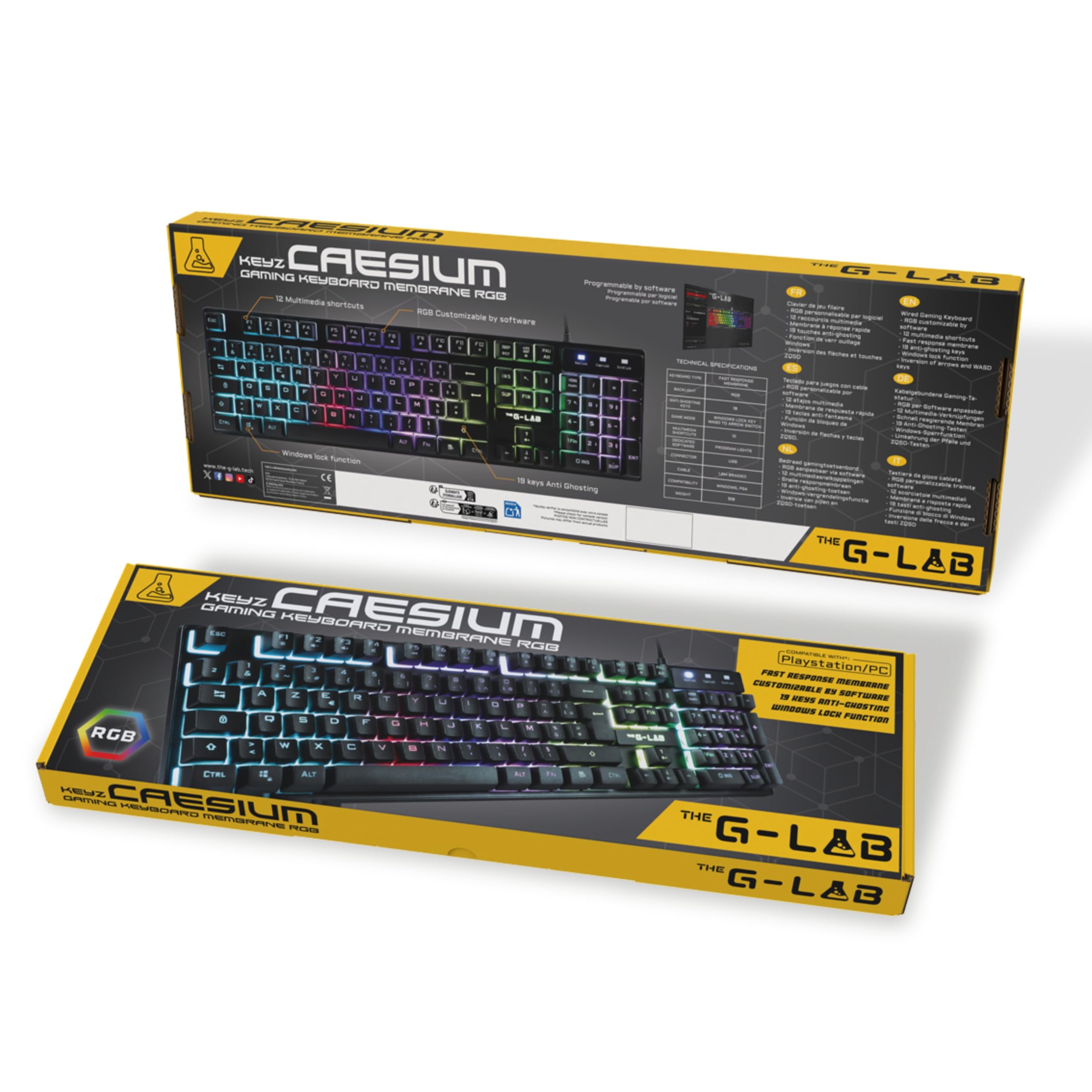 THE G-LAB Keyz Caesium - Teclado Gamer con Cable USB - Retroiluminación RGB LED, Teclado Gamer Sensación mecánica, 19 Teclas antighosting, Duradero - PC/PS4/PS5/XBOX - Diseño AZERTY francés