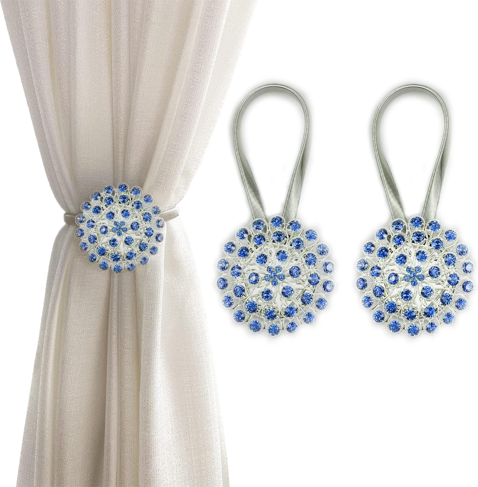 Magnetic Tiebacks for Curtains, 2 Pack Sparkling Crystal Flower Curtain Tiebacks Curtain Buckle Clips with High-Elastic Spring Wire for Home Office Decoration (Royal Blue)