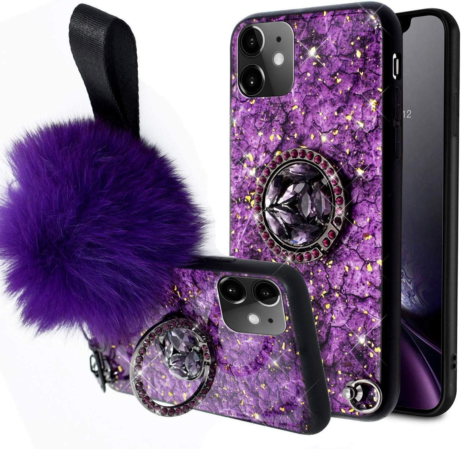 Aulzaju for iPhone 11 Pro Max Case Cute Bling Sparkle Glitter Marble Hard Bumper Cover with Diamond Ring Kickstand Luxury Stylish Rhinestone Girl Woman Shockproof Protective Case with Furry Ball Strap