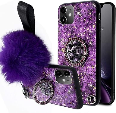 Amazon Com Aulzaju Iphone 11 Case With Ring Stand Iphone 11 Bling Diamond Case Iphone 11 Cute Furry Ball Lanyard Case For Girl Woman Iphone 11 6 1 Glitter Marble Protective Case With Wrist
