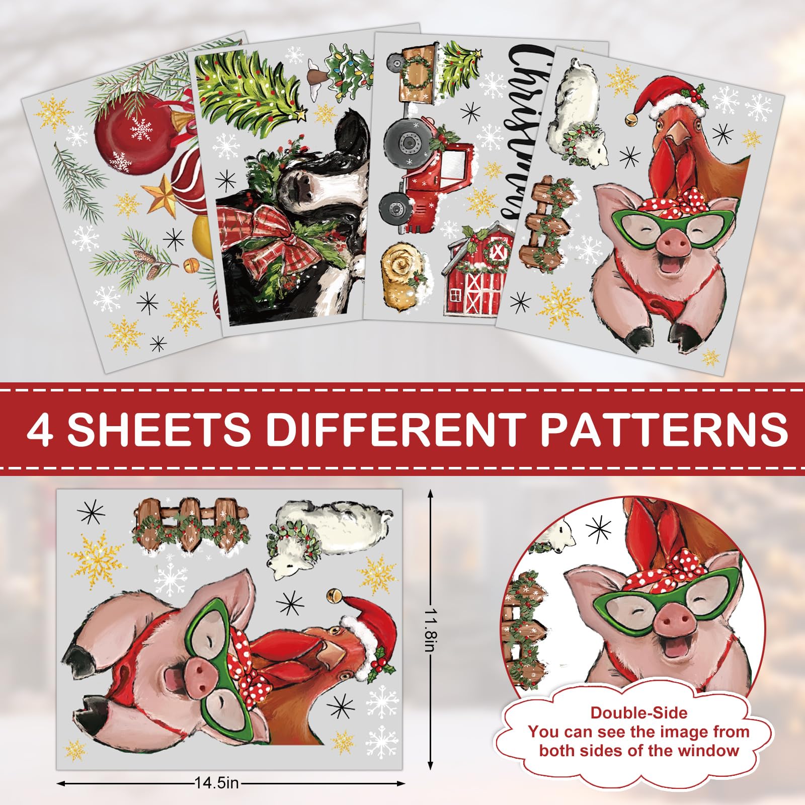 Merry Christmas Window Clings - Extra Large Xmas Tree Snowflake Santa Stickers, 8 Sheets Double-Sided