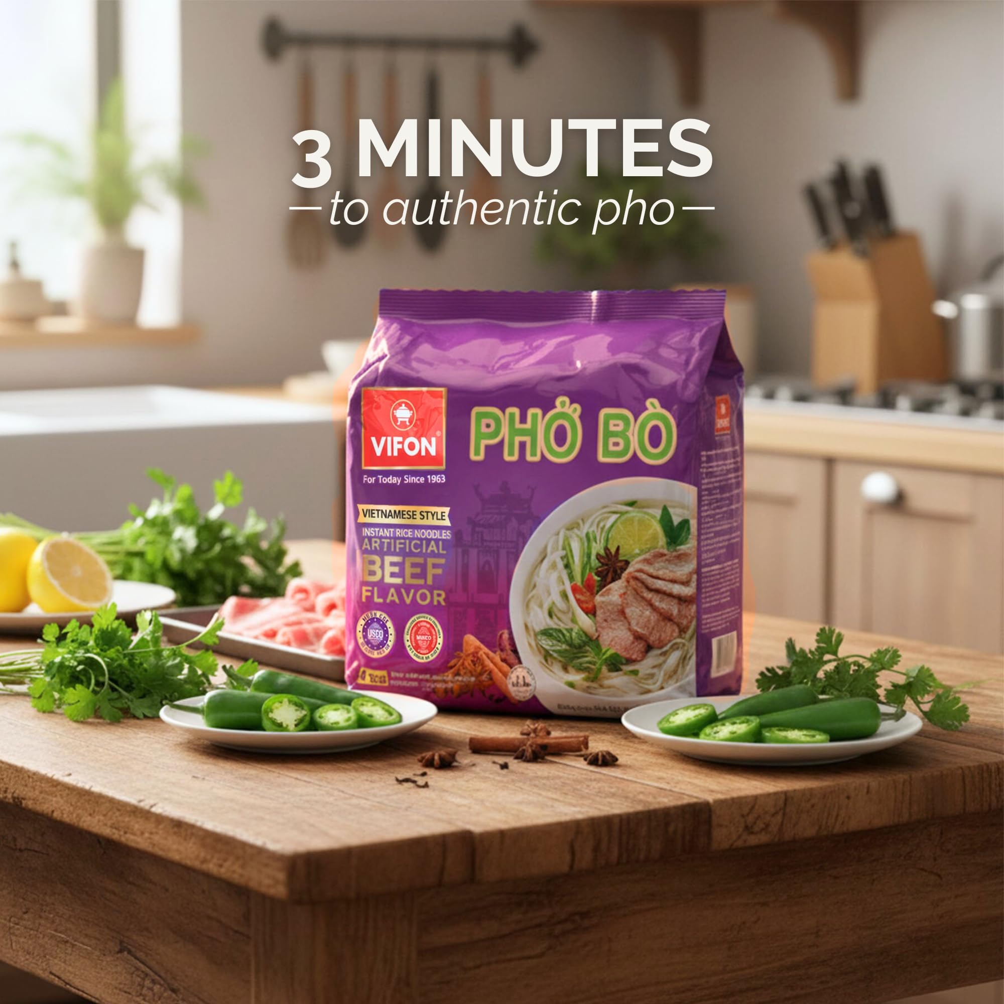 VIFON Phở Bò Vietnamese Style Instant Rice Noodles, 2.11 oz (Pack of 4) | Halal Certified | Authentic Vietnamese Phở | Ready in 3 Minutes