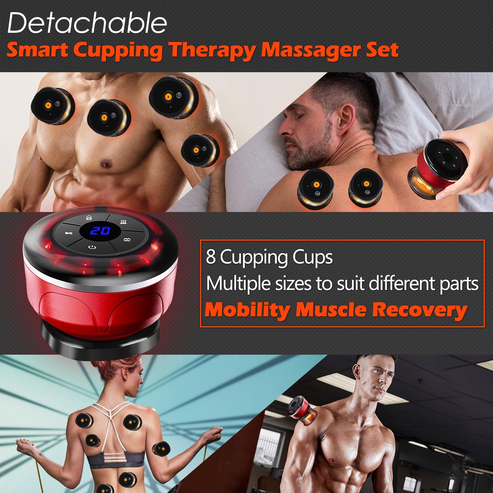 Set di coppettazione elettrica 4 in 1 con 8 coppette per massaggio anticellulite, 12 modalità di aspirazione, set di terapia intelligente dinamica per alleviare affaticamento, dolore muscolare e