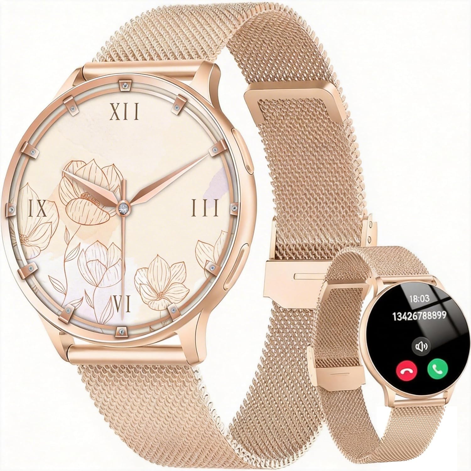 Jugeman Montre Connectée Femme, 1.32" Smartwatch avec Appel Bluetooth, Gold | Smartwatch Rond Fréquence Cardiaque/SpO2/Sommeil Montre, 120 Mode+Sportifs Montre, IP68 étanche Fitness Podomètre Android iOS