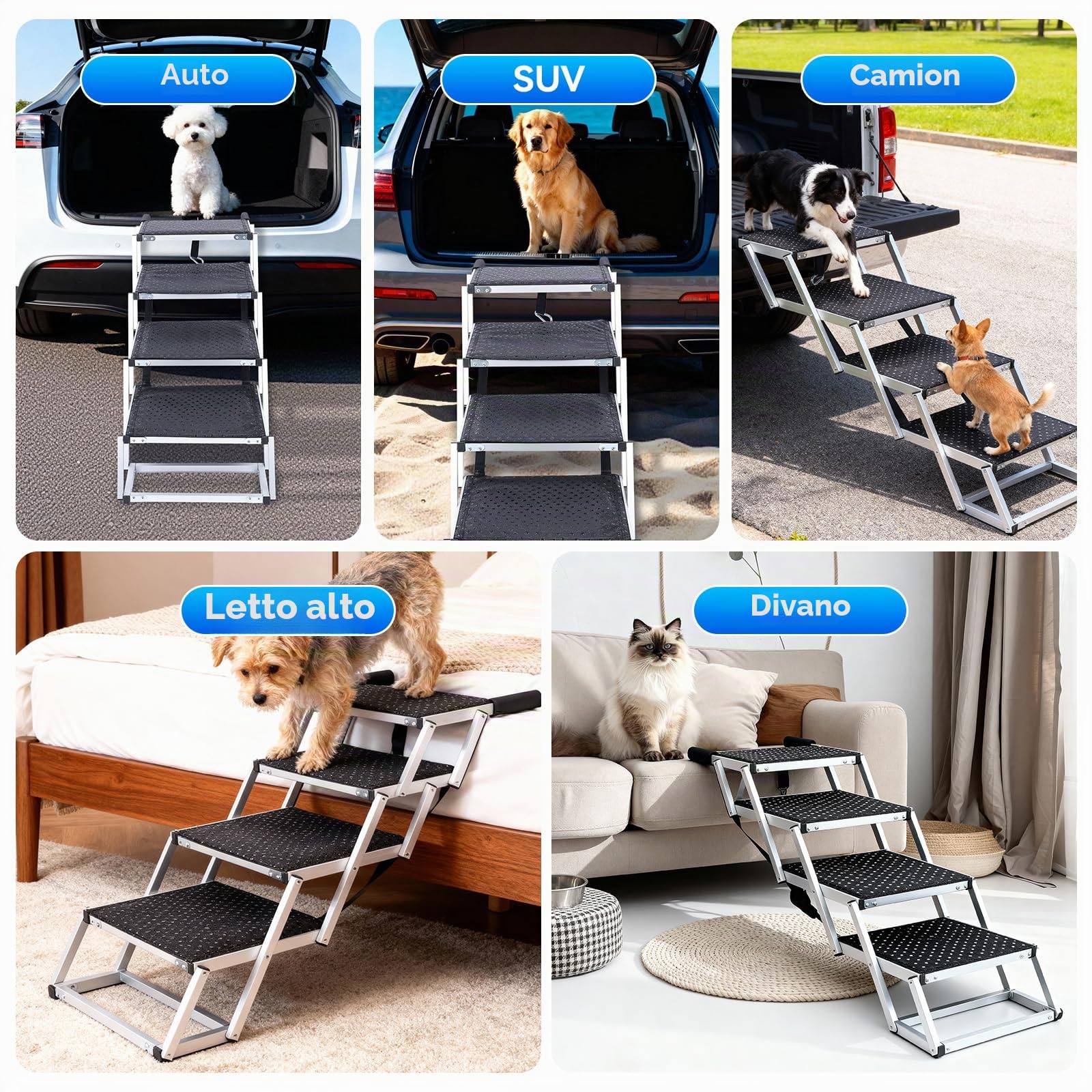 Rampa per cani a 5 stpes per auto: gradini extra larghi con tappeto antiscivolo, rampa pieghevole in alluminio portatile per animali domestici, per auto, SUV e camion, supporta fino a 70 kg
