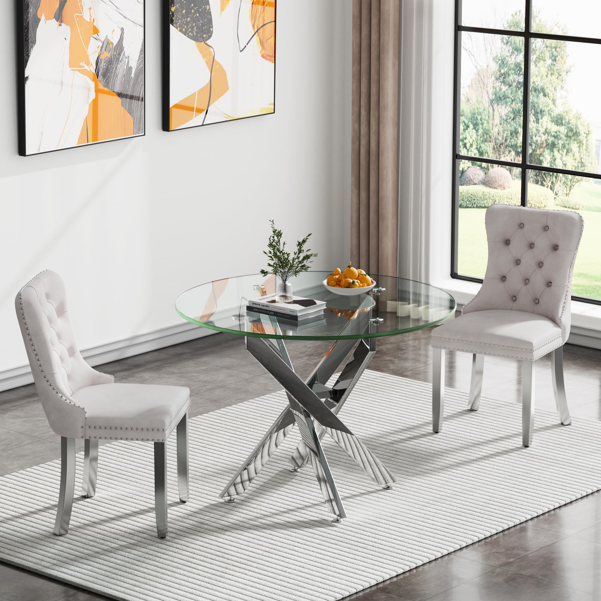 Round Glass Dining Table Set for 2, Small Kitchen Table Set for 2, 35" Round Glass Table and Beige Upholstered Velvet Chairs Set of 2, 3 Piece Round