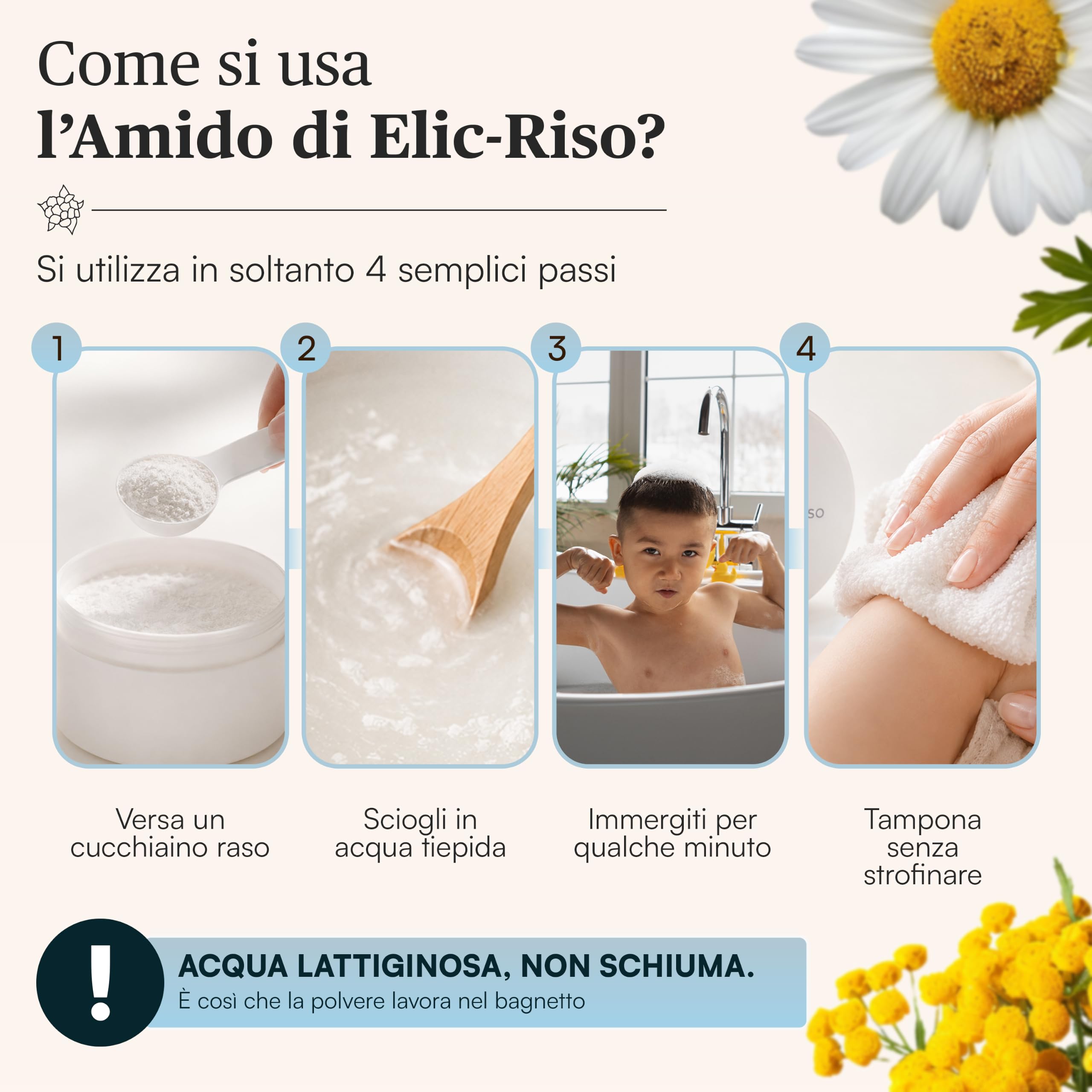Metodo Pelle Sana Amido di Riso Bagnetto Neonato Bambino Adulto, Pelle Sensibile Secca Reattiva, Polvere Bagno Lenitivo per Rossori Sudamina, Camomilla Calendula Elicriso Malva, 125 g