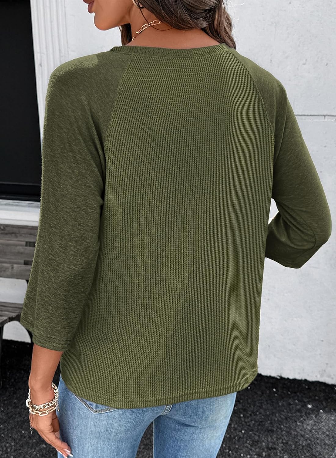 Dokotoo Womens Tops Spring Summer 3/4 Length Sleeve Fashion T Shirts for Women Crewneck Waffle Knit Casual Loose Tee Blouses - Image 2