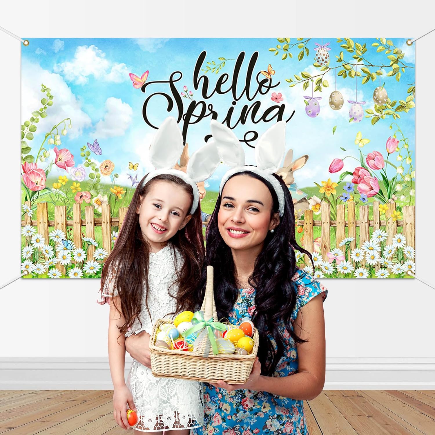 Mocsicka Hello Spring Backdrop Easter Party Banner Greenery Spring Festival Easter Photo Backdrop Colorful Happy Easter Party Decorations Supplies Banner (Greenery, 70.8x43.3 inch)