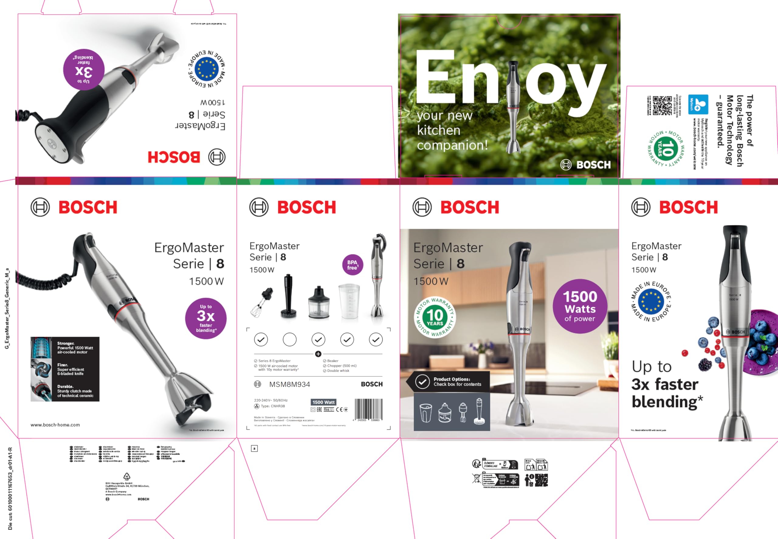 Bosch - Frullatore a mano, serie ErgoMaster 8, motore da 1500 watt, regolazione intuitiva della velocità, lama a 6 fogli, accessori inclusi, acciaio inossidabile, MSM8M934