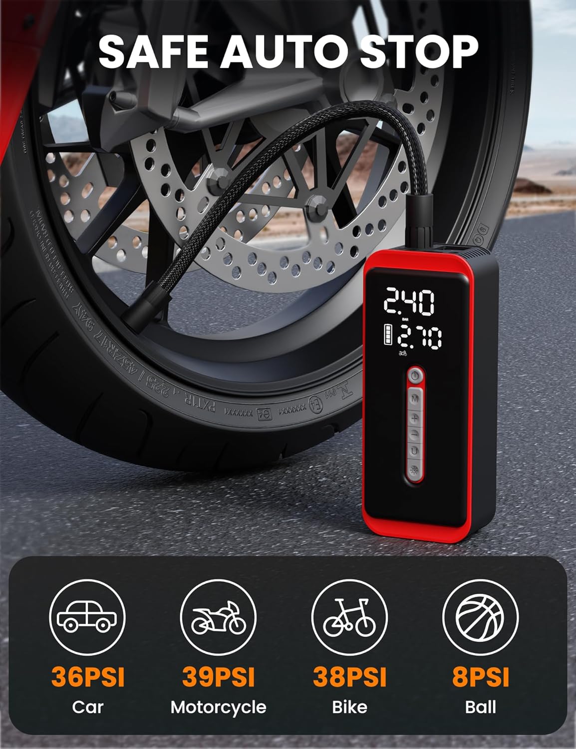 ROTOPATA inflator displaying preset pressure values for car, motorcycle, bike, and ball, with auto-stop feature highlighted