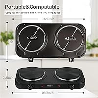 Vista 2 de Countertop Double Cast Iron Burner 1800 Watts Electric Hot Plate with Adjustable Temperature 6.1" Cooktop for Dorm, Office, Home, Camp, Compatible