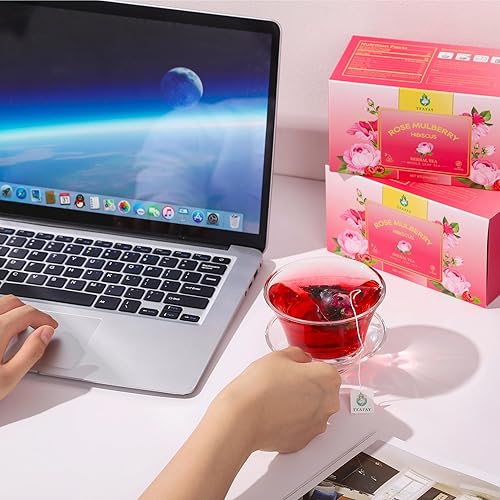 Miniatura 7 de TEAFAY Té de hierbas de alta calidad, rosa, mora, hibisco, 20 bolsas de té piramidales (paquete de 1) para 40 tazas, hoja entera, floral fragante y