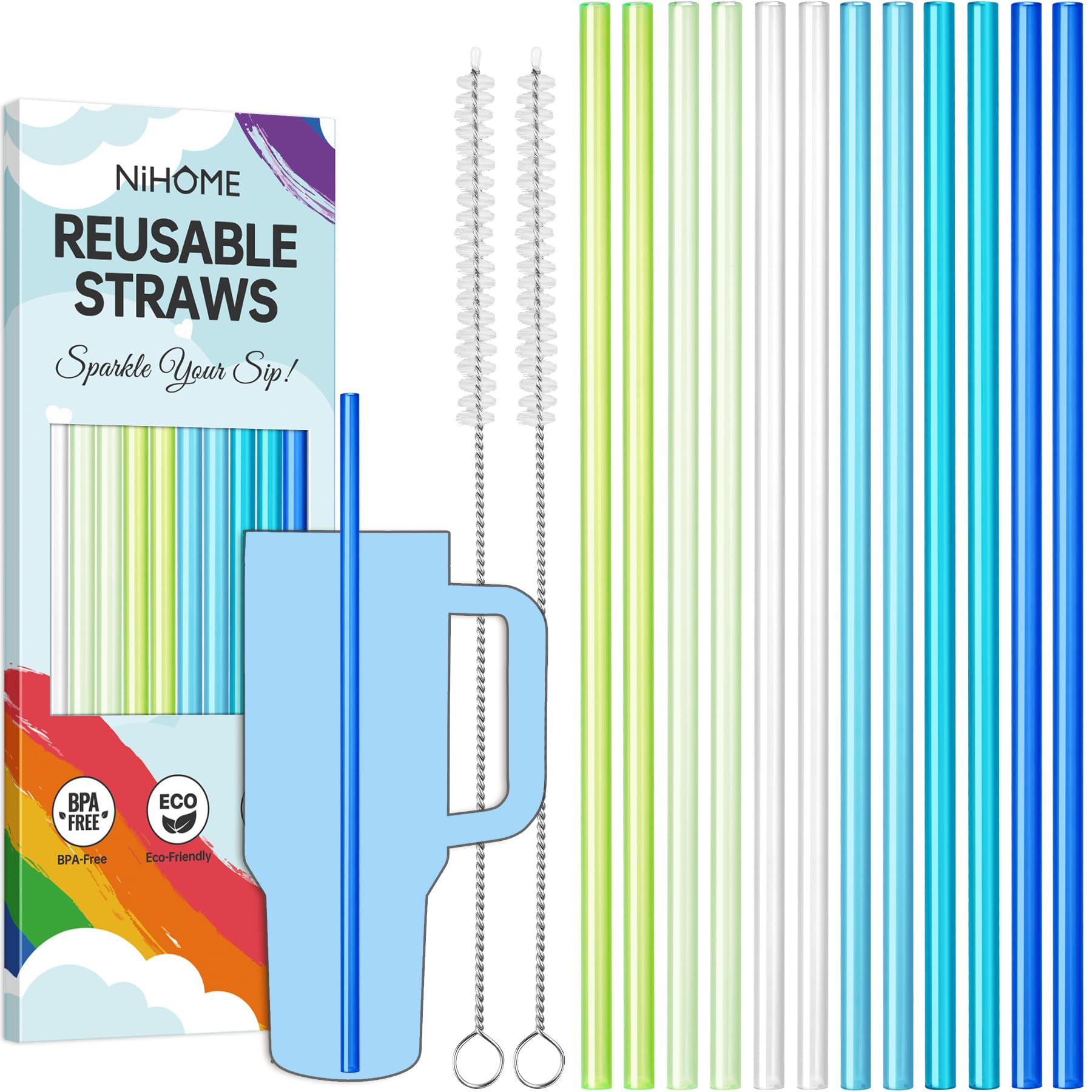 NiHome 12-Pack Plastic Reusable Drinking Straws for Stanley 40 oz 30oz 64 oz Tumbler, 6 Color 12 In Reusable Straws Fit for Stanley Cups w/ 2 Brushes,