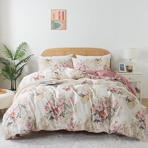 Miniatura 8 de Zusbest Juego de funda de edredón floral Shabby tamaño Queen, 100% algodón, ropa de cama de flores rosas, ropa de cama retro rosa con estampado