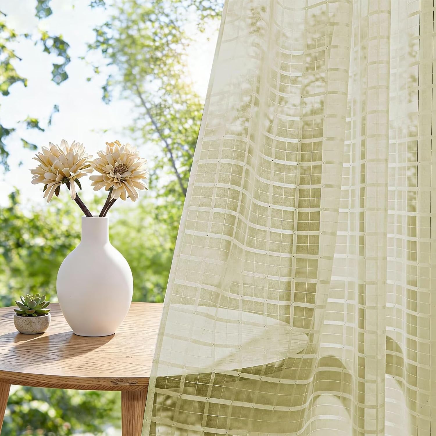 2 Panels Outdoor Sheer Curtains for Patio, Jacquard Check Curtains for Patio Waterproof, Indoor Outdoor Drapes for Gazebo Pergola Balcony Pool Spa (Sage Green, 52 x 108 inch)