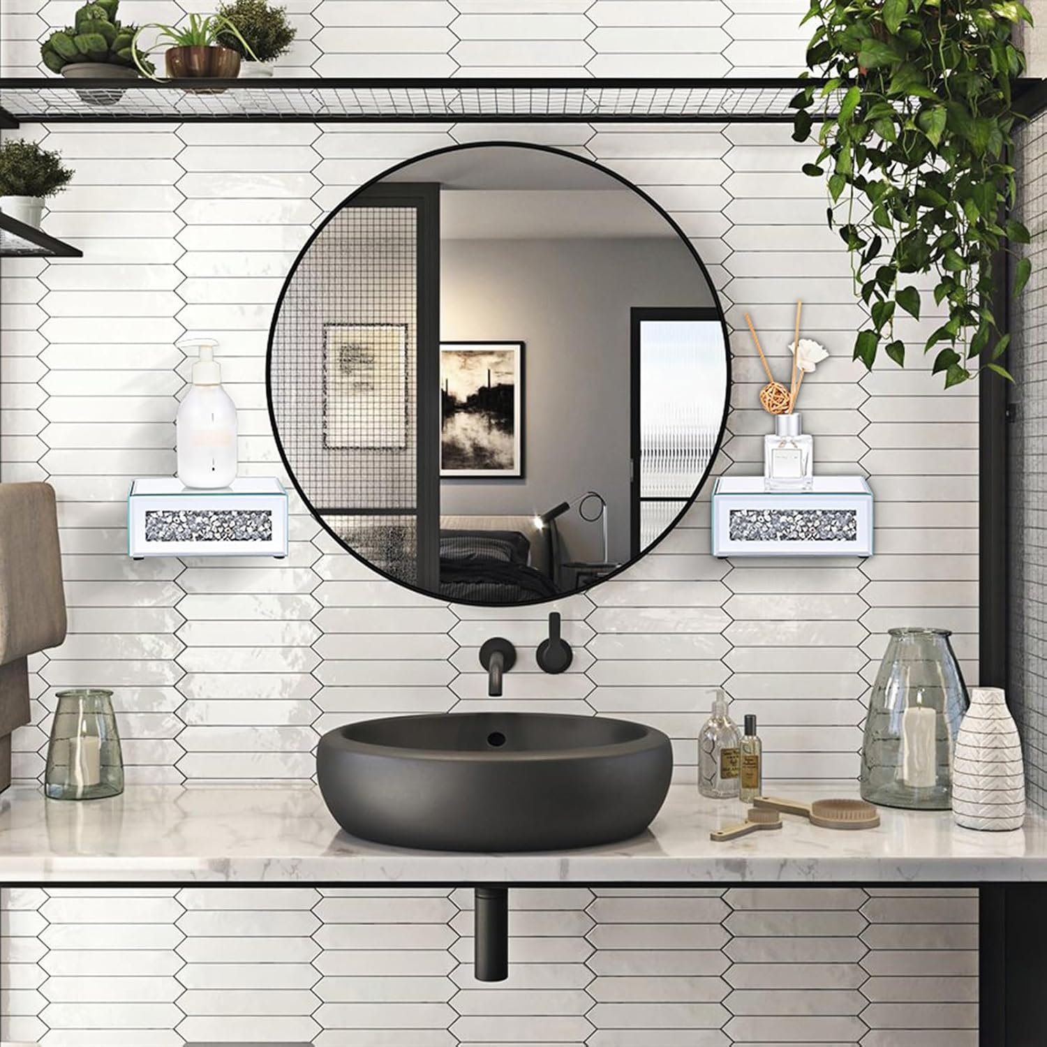 Sumnacon Mounted Floating Shelf 2 Pcs Decorative Floating Shelf for Bathroom Decor Stylish Crushed Diamond Floating Wall Shelf for Plants Sturdy Mirrored Wall Mounted Floating Shelf for Living Room