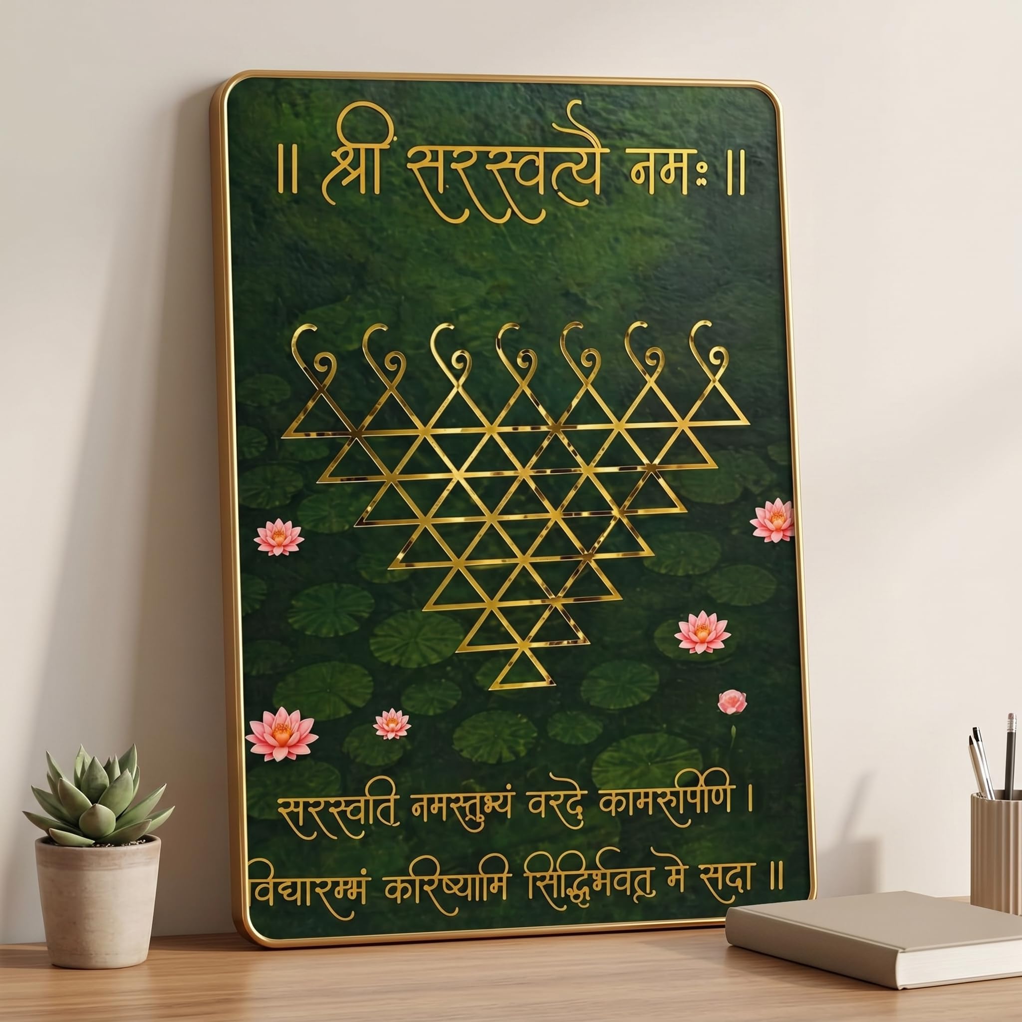 SAF Saraswati Yantra Wall Painting PVC Golden Frame | Shri Saraswati Namah Sanskrit Mantra Art with Lotus Design for Study Room Office Pooja Room Home Decor Gift (13 x 19 Inch)-image-29