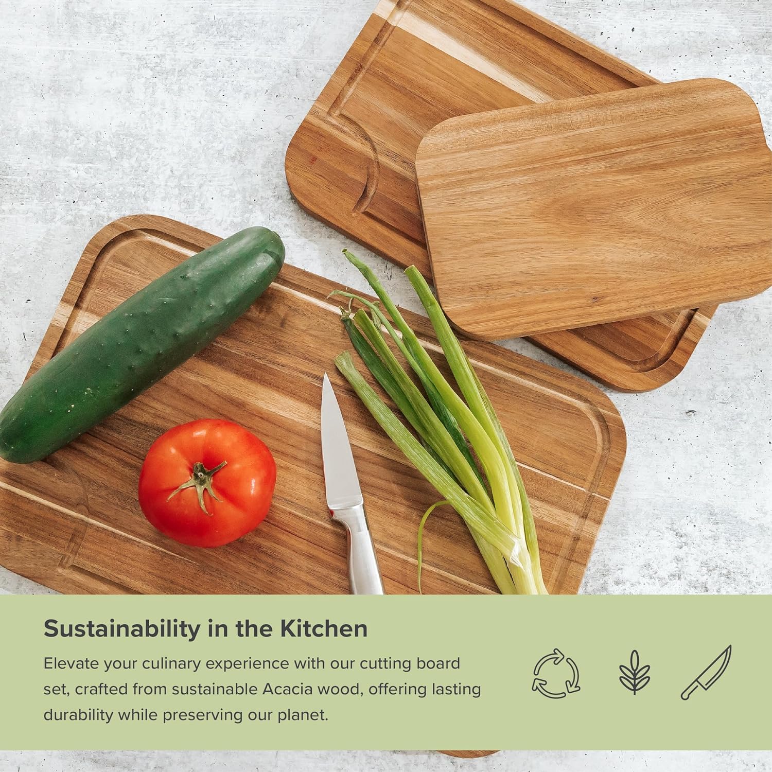 KitchenEdge Premium Acacia Wood Cutting Board Set of 3, Juice Groove and Non-Slip Feet - Image 4