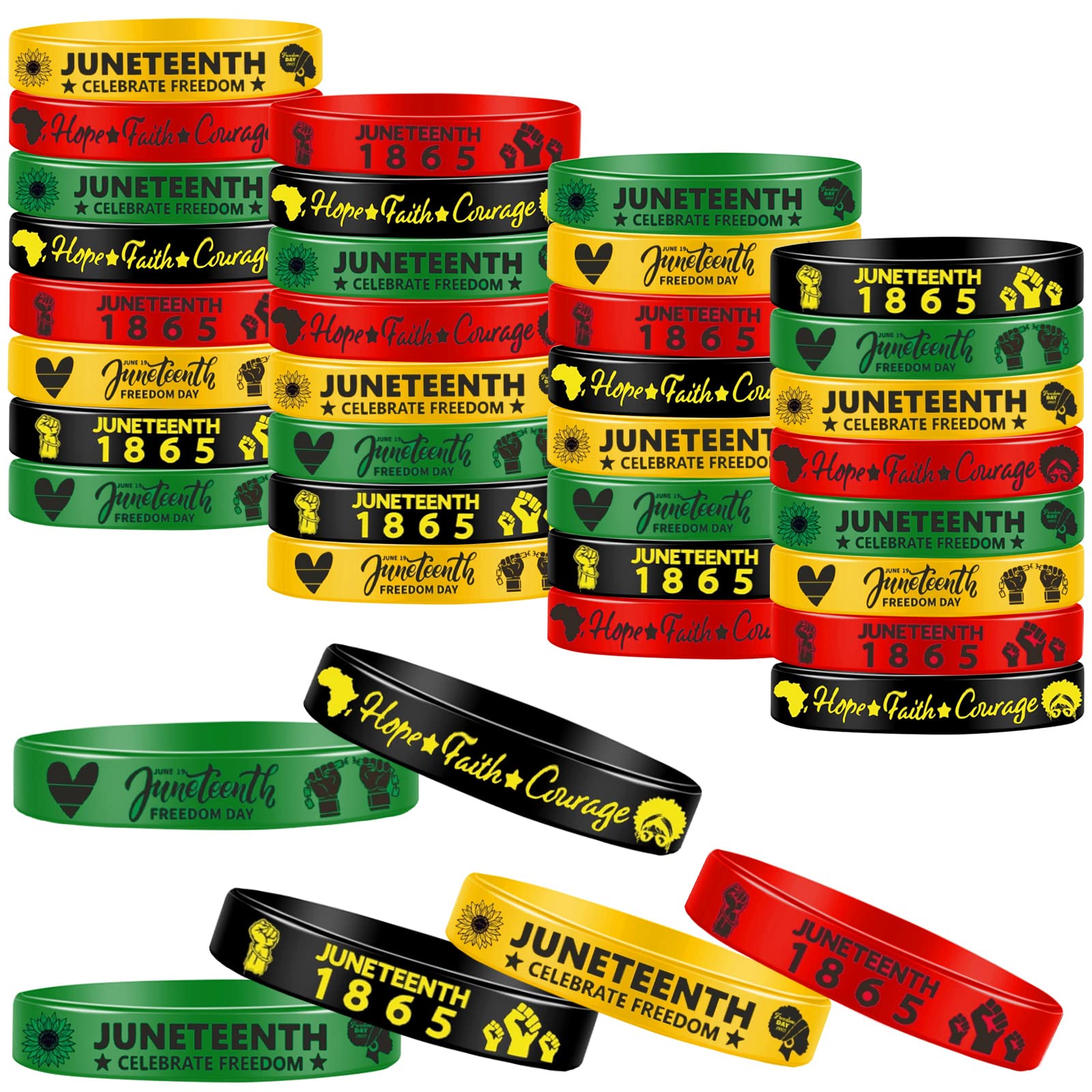 36 Pcs Juneteenth Bracelets Rubber Bracelets African American Independence Party Wristbands Supplies Colored Silicone Bracelets for June 19th 1865 Freedom Day Party Favors (36 Pieces, 4 Style)