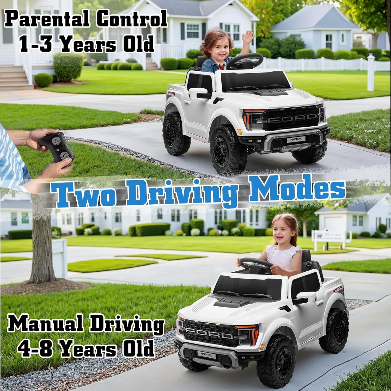 Image showing two driving modes: parental control for 1-3 years old and manual driving for 4-8 years old.