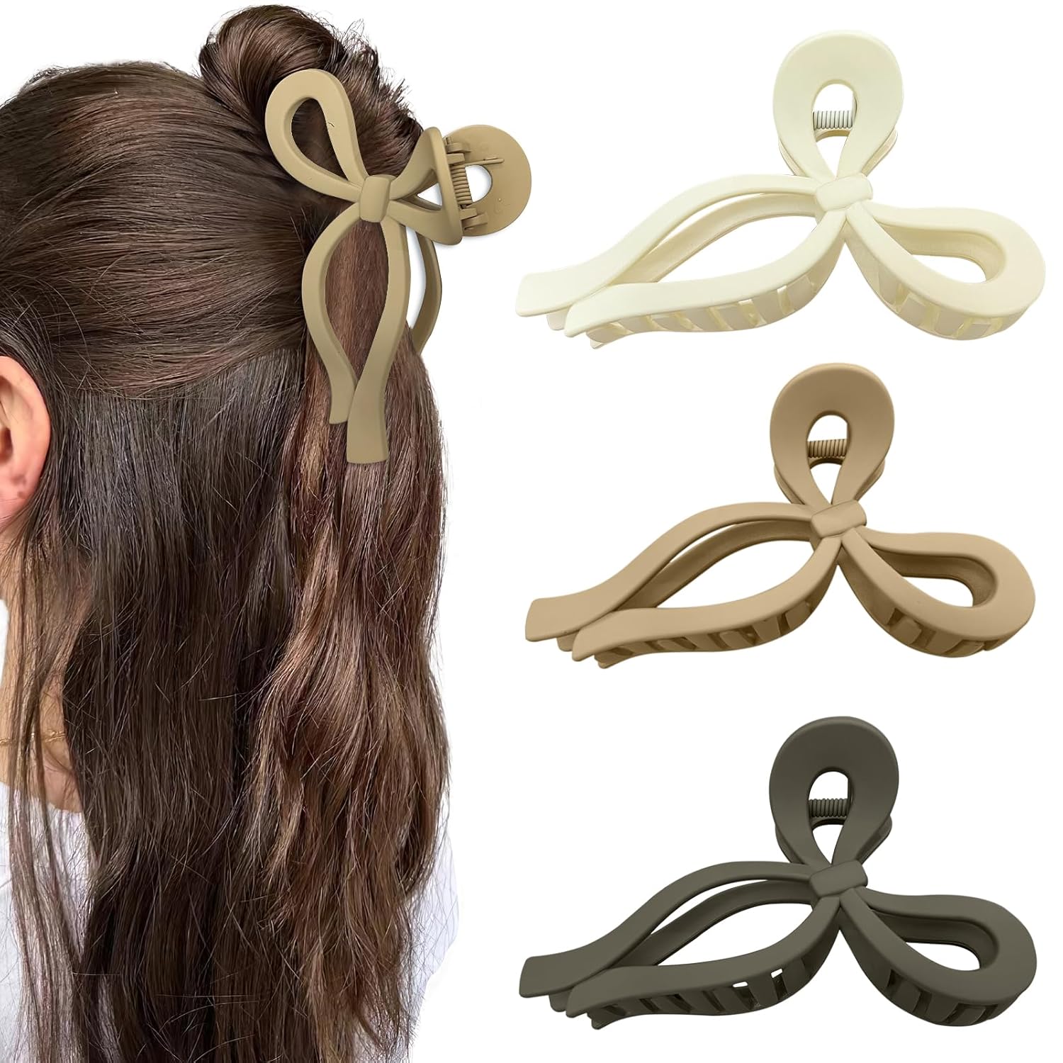 Bows Claw Clips 3Pcs for Women - Hair Clips for Thick Hair, 5.1" Claw Clips for Neutral Colors - White, Brown, Khaki