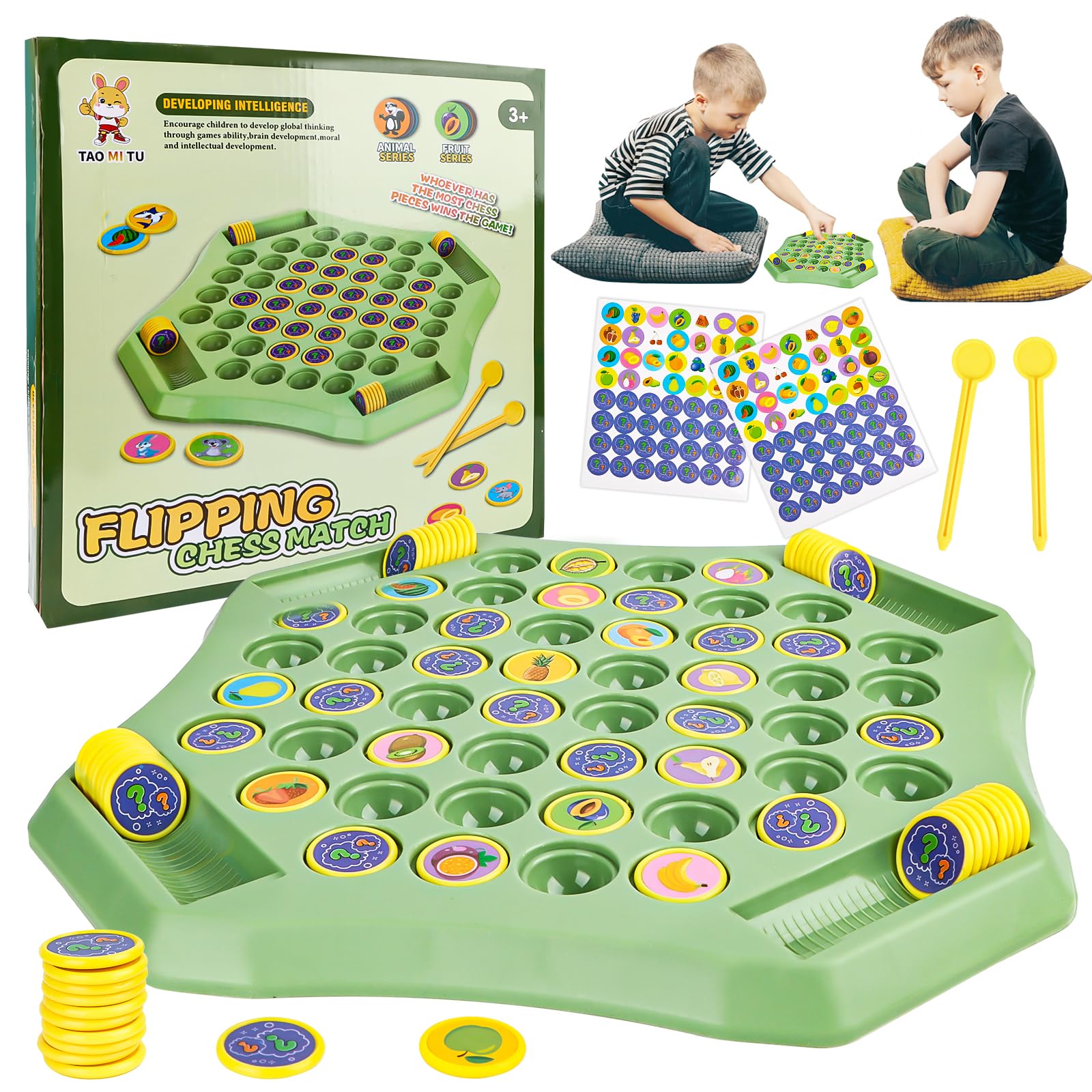 AKONE Flip Chess Memory - zestaw szachowy dla 2-4 graczy, szachy dla dzieci, gra pamięciowa, zabawki Montessori, rodzinne gry planszowe