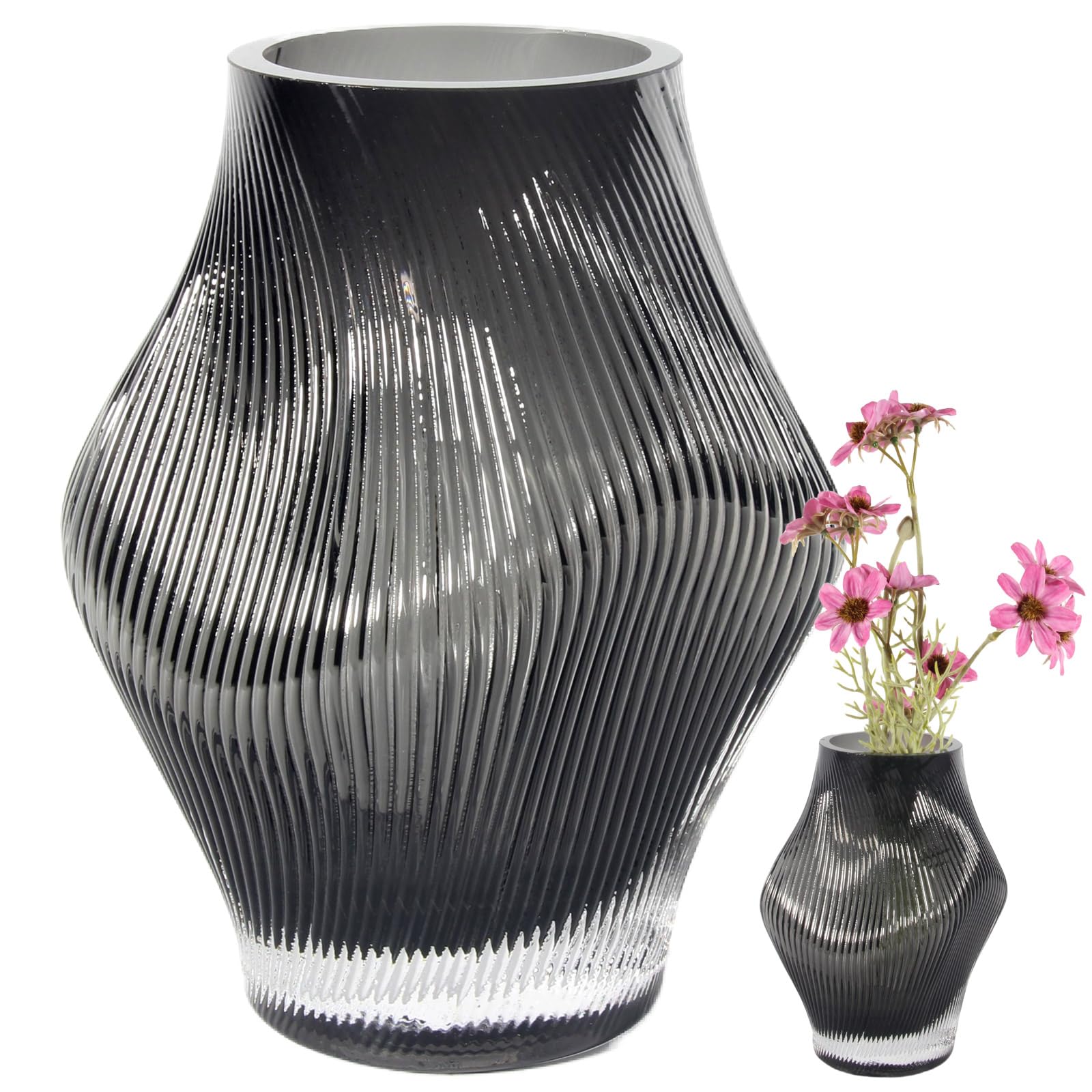 Jarrón de Vidrio Moderno – Florero Decorativo Hecho a Mano para Tulipanes, Rosas y Más – Centro de Mesa Elegante para Salón, Dormitorio, Boda o Mesa – Decoración del Hogar – Negro